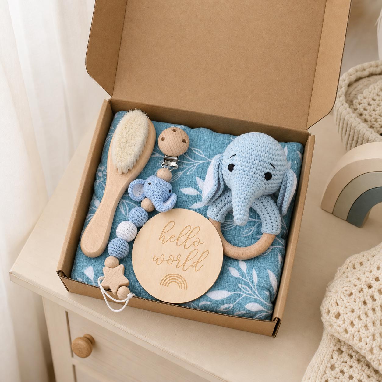 Newborn Baby Gift Box, Crochet Rattle & Muslin Blanket Baby Shower Gift Set