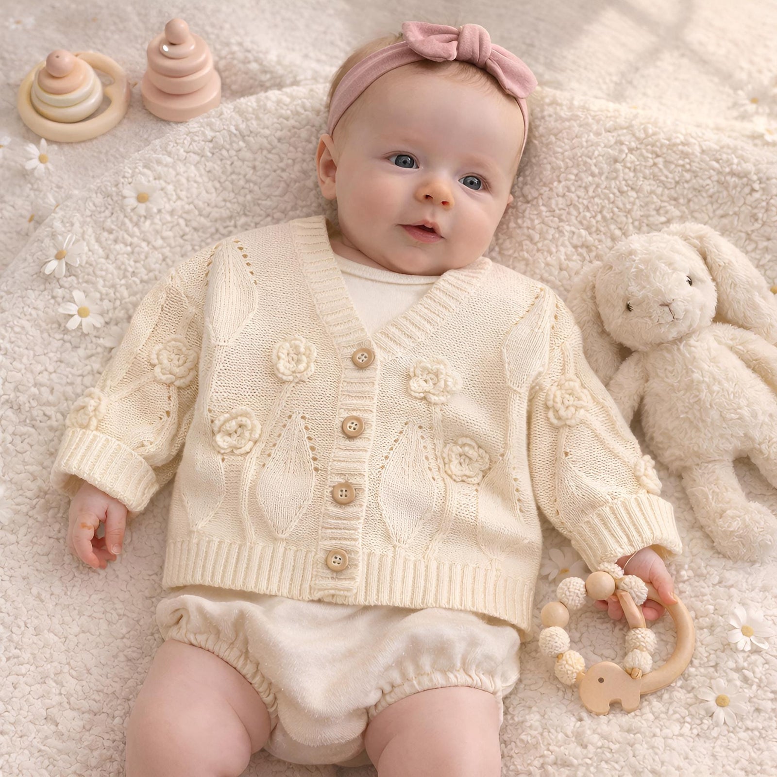 Baby Girl Cotton Cardigan, Floral Embroidered Knit Sweater, Wooden Buttons, Infant Toddler Outfit
