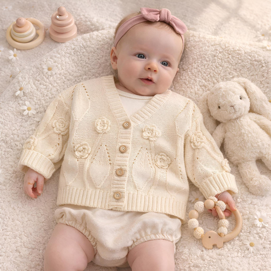 Baby Girl Cotton Cardigan, Floral Embroidered Knit Sweater, Wooden Buttons, Infant Toddler Outfit