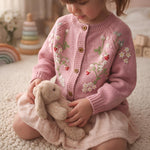 Load image into Gallery viewer, Strawberry Knit Kids Cardigan, Embroidered Girls Sweater, Cute Toddler Knit Cardigan, Floral Children Sweater, Cozy Fall Kids Outfit