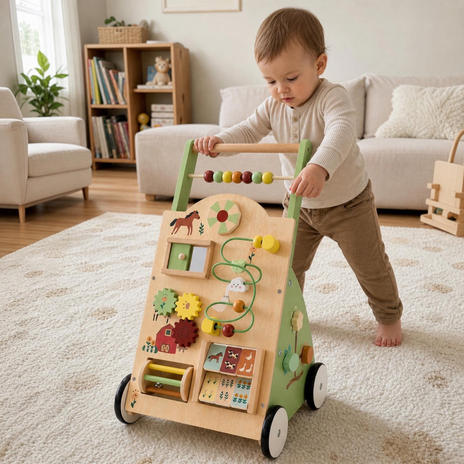 Wooden Baby Walker with Activity Center, Montessori Push Toy for Toddlers, First Birthday Gift