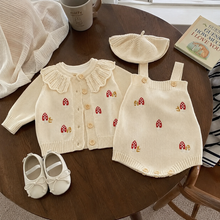 Ivory Mushroom Embroidered Knit Baby Cardigan or Suspender Romper