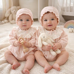 Load image into Gallery viewer, Baby Girl Cotton Romper Bonnet Set, Checkered Floral Outfit, Baby Shower Gift