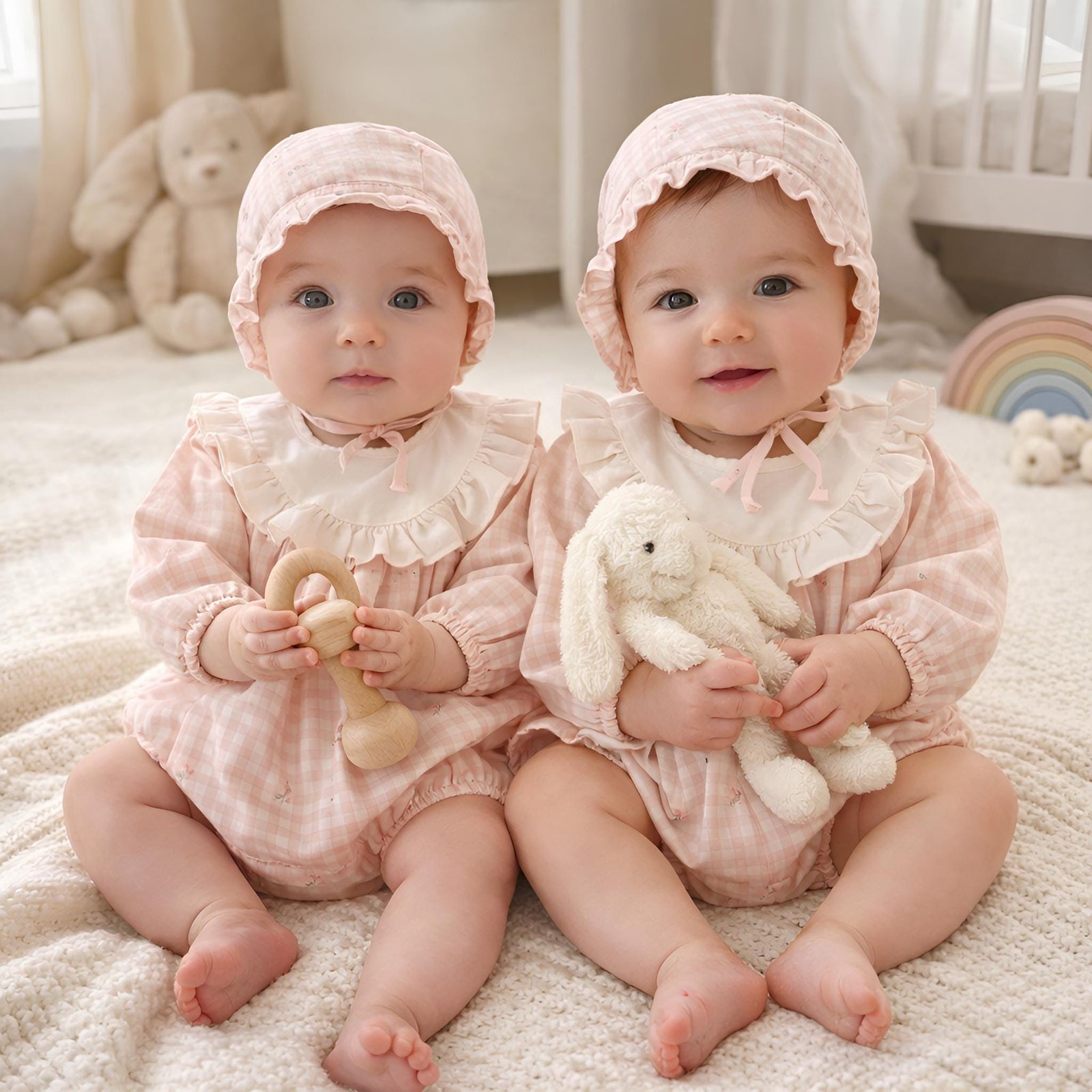 Baby Girl Cotton Romper Bonnet Set, Checkered Floral Outfit, Baby Shower Gift