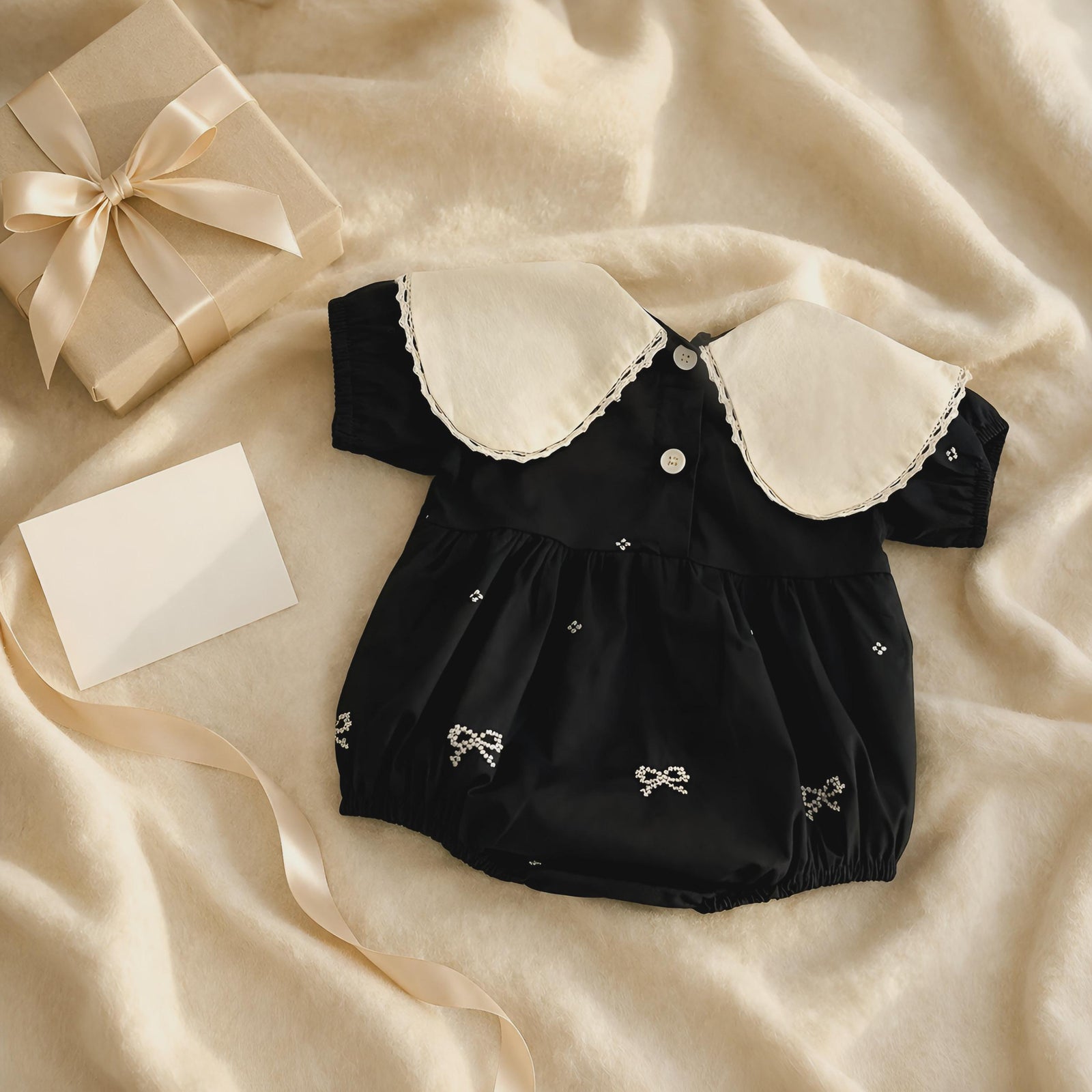 Toddler Girl Cotton Romper, Bow Embroidery Lapel, Soft Loose Baby Clothes