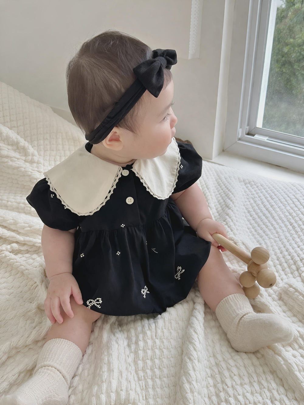 Toddler Girl Cotton Romper, Bow Embroidery Lapel, Soft Loose Baby Clothes