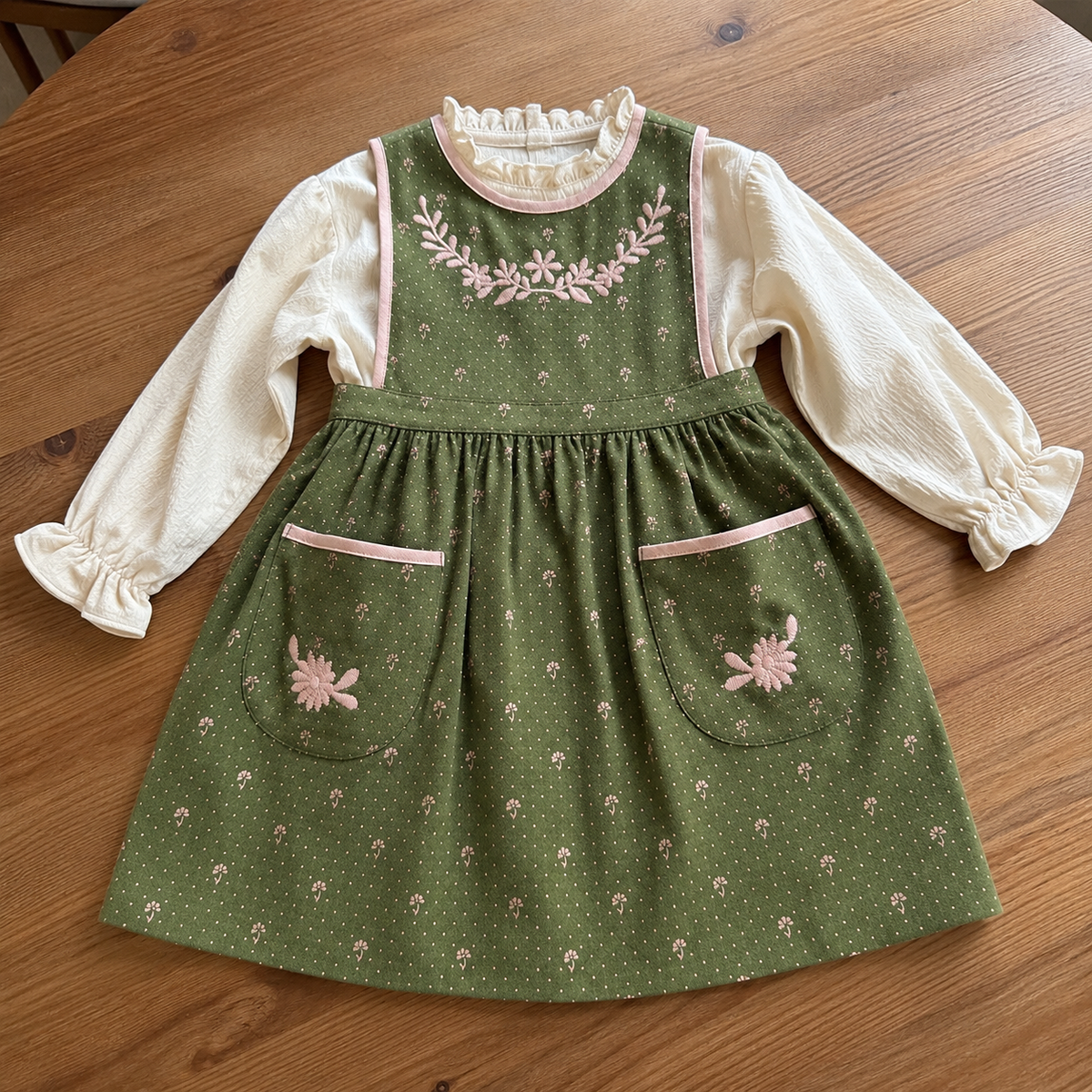 Girls Olive Cotton Dress, Floral Embroidered Pinafore or Long Sleeve Style