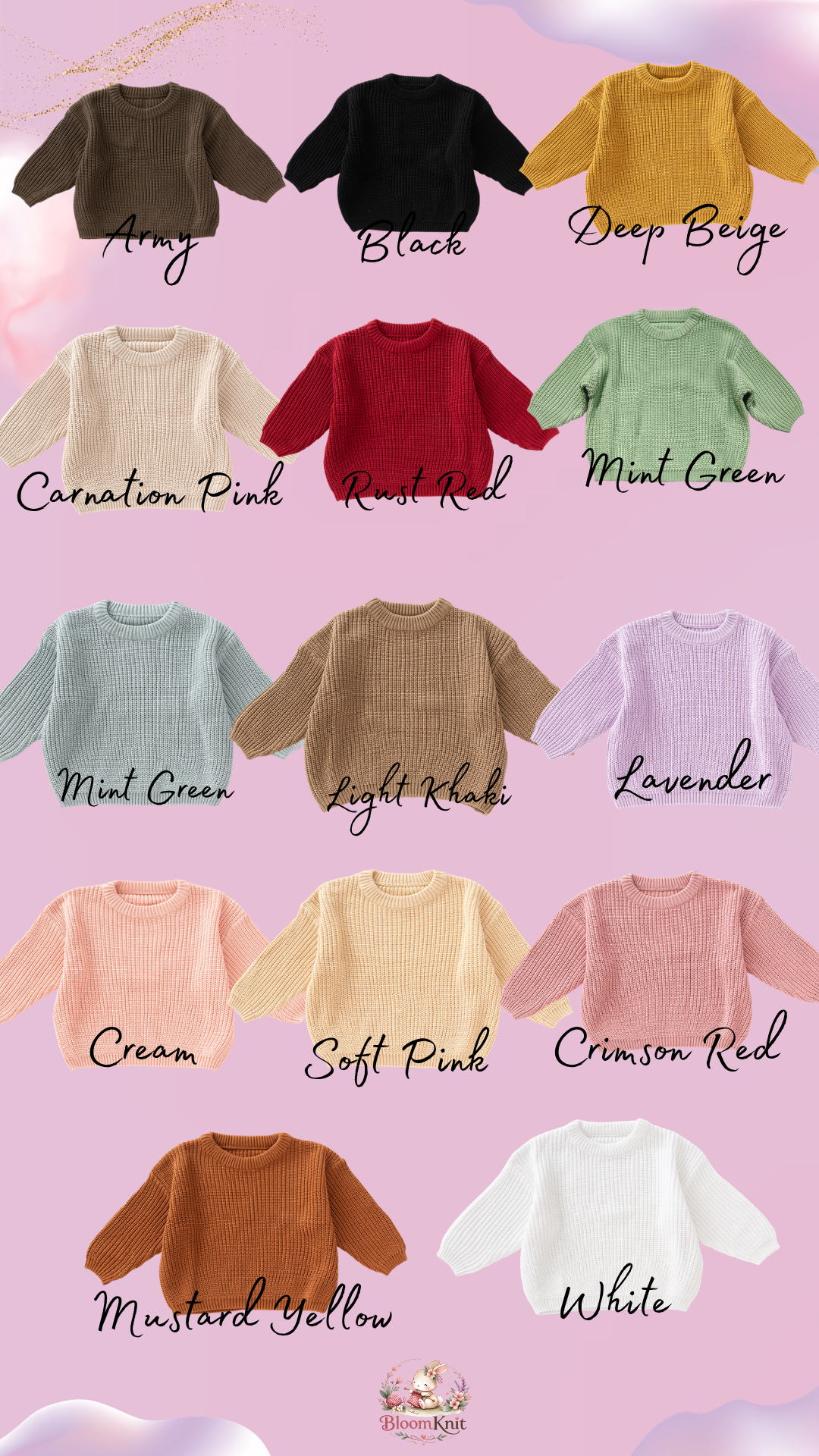Kids Chunky Cotton Sweater, Textured Knit Pullover, 14 Colors