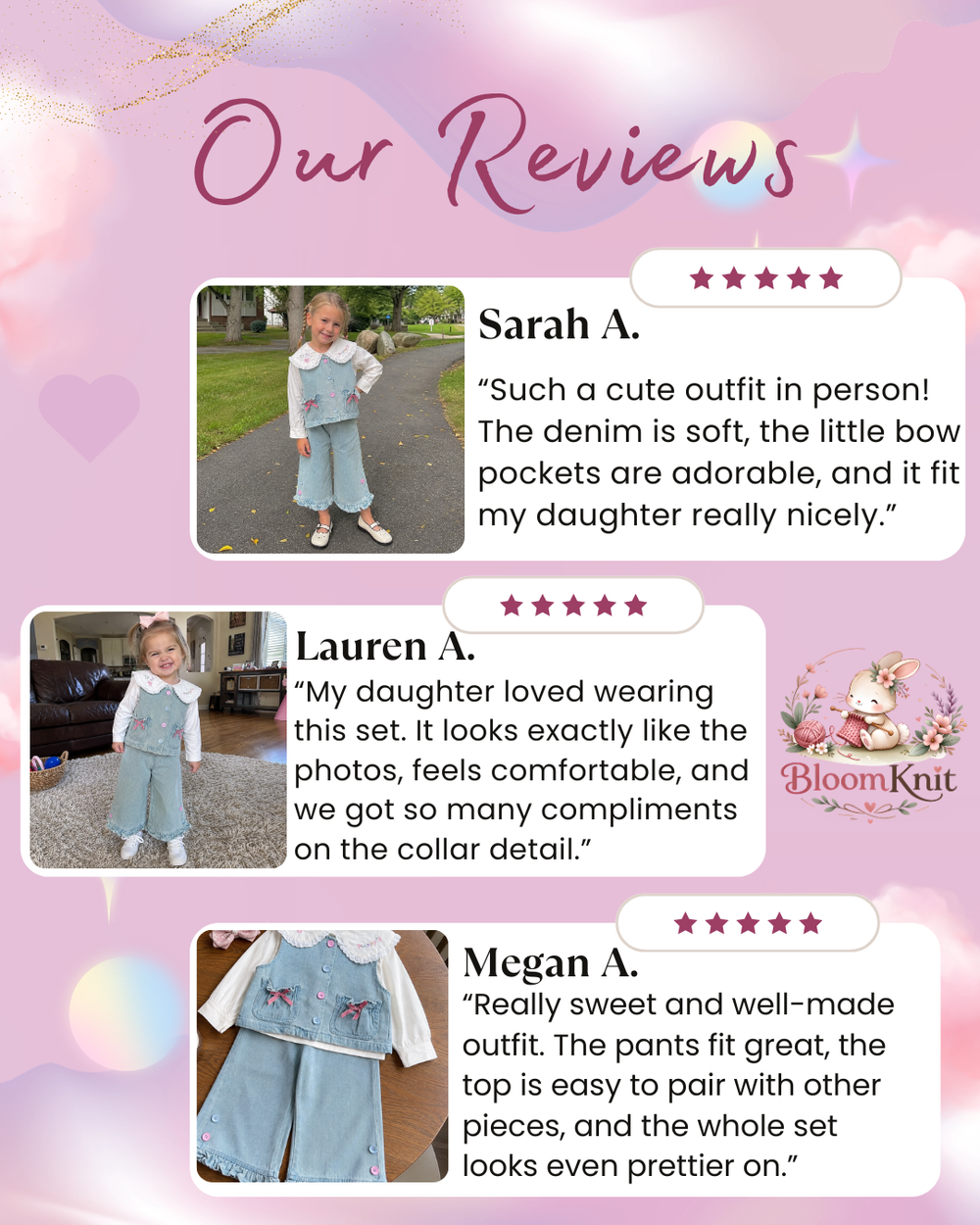 Girls Denim Vest, Lace Collar Blouse and Wide-Leg Pants, 3-Piece Back to School Outfit