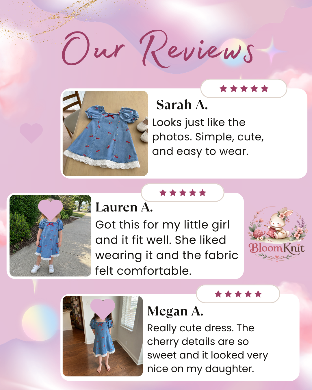 Girls Cherry Embroidered Denim Dress with Puff Sleeves and Eyelet Lace Hem, Fall Outfit