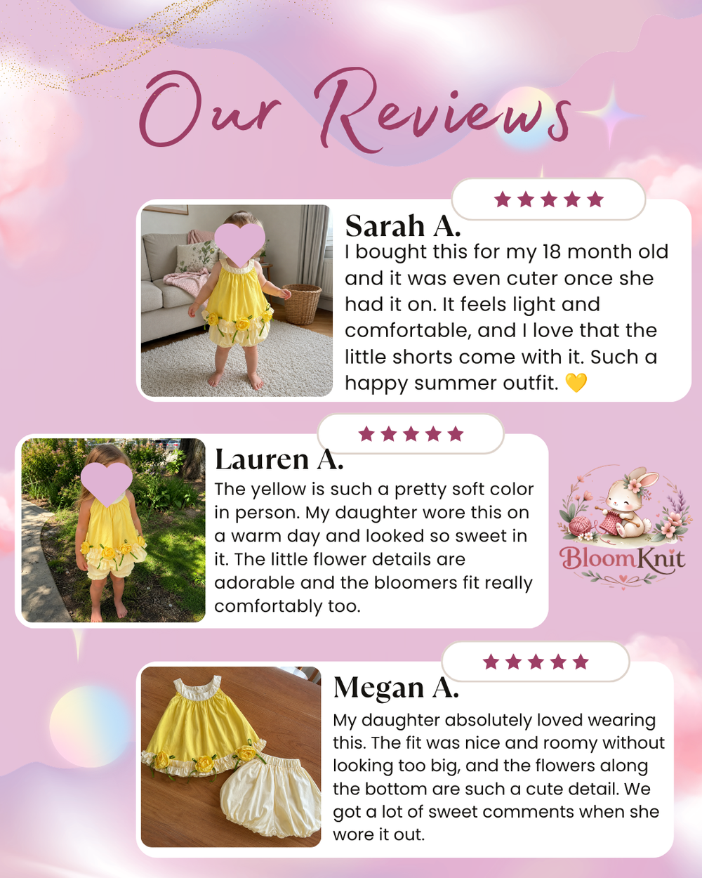 Girls Sunflower Rose Dress, Bubble Shorts Set or Separate Pieces