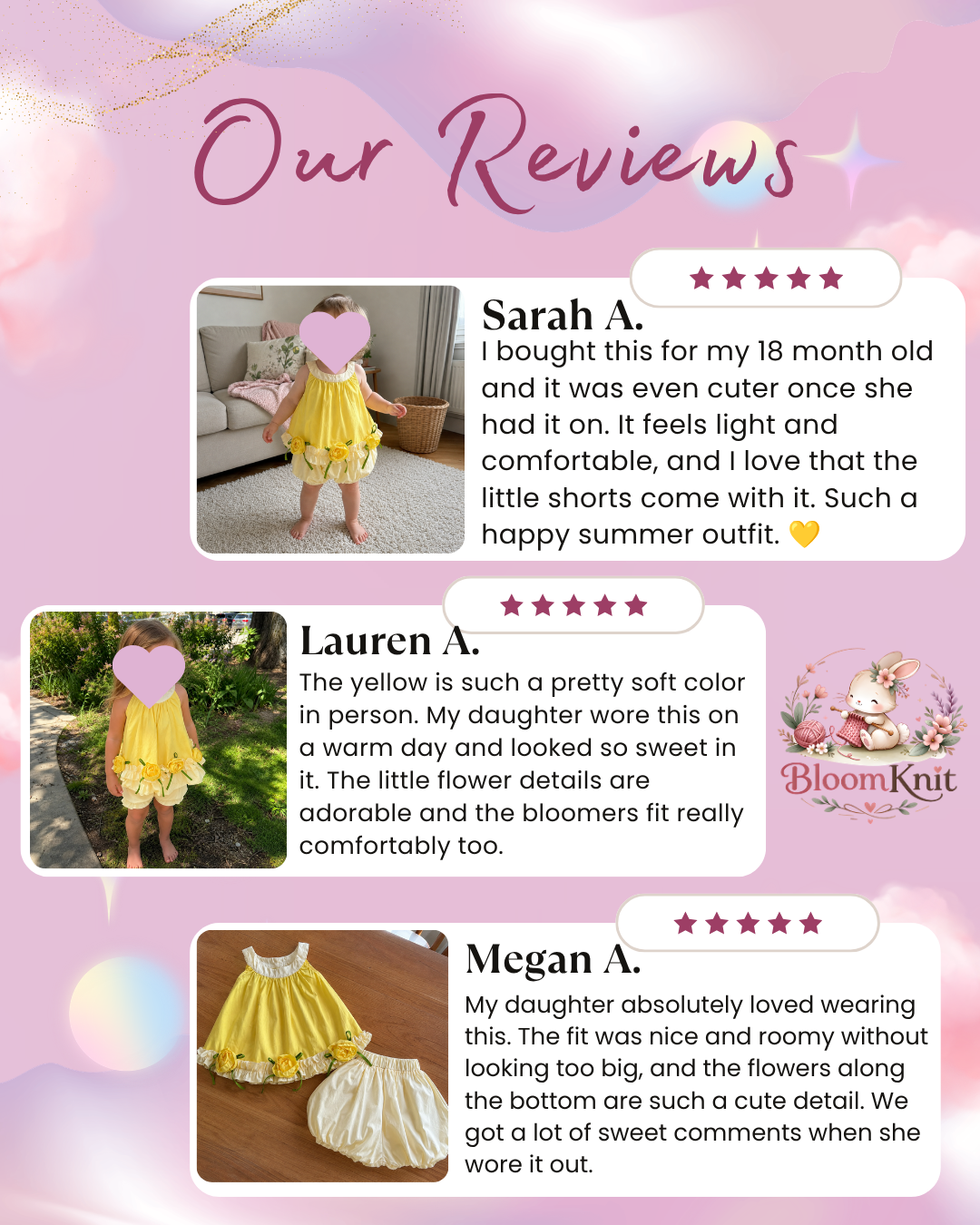 Girls Sunflower Rose Dress, Bubble Shorts Set or Separate Pieces