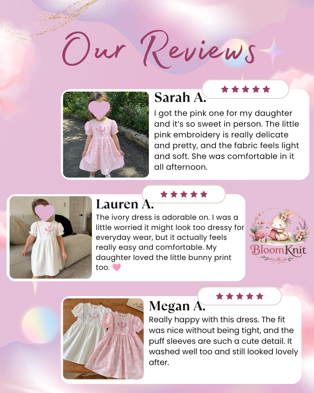 Girls Bunny Bow Cotton Dress, Ivory or Pink Short Sleeve Outfit