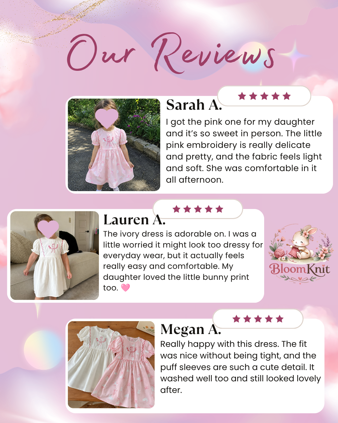 Girls Bunny Bow Cotton Dress, Ivory or Pink Short Sleeve Outfit