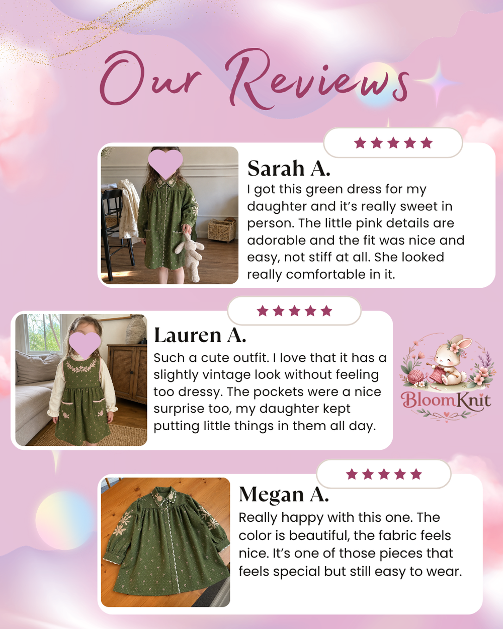 Girls Olive Cotton Dress, Floral Embroidered Pinafore or Long Sleeve Style