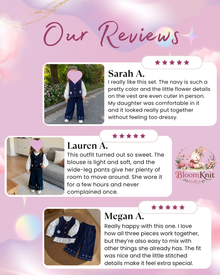 Girls Navy Corduroy 3-Piece Outfit, Floral Blouse, Vest and Wide-Leg Pants