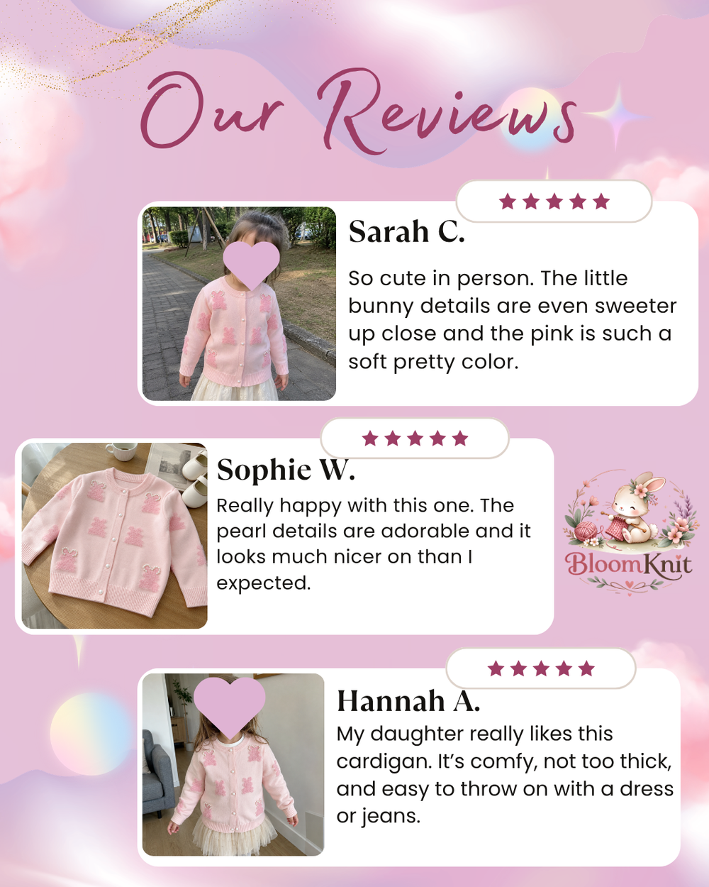 Girls Pink Bunny Knit Cardigan with Pearl Bead Details