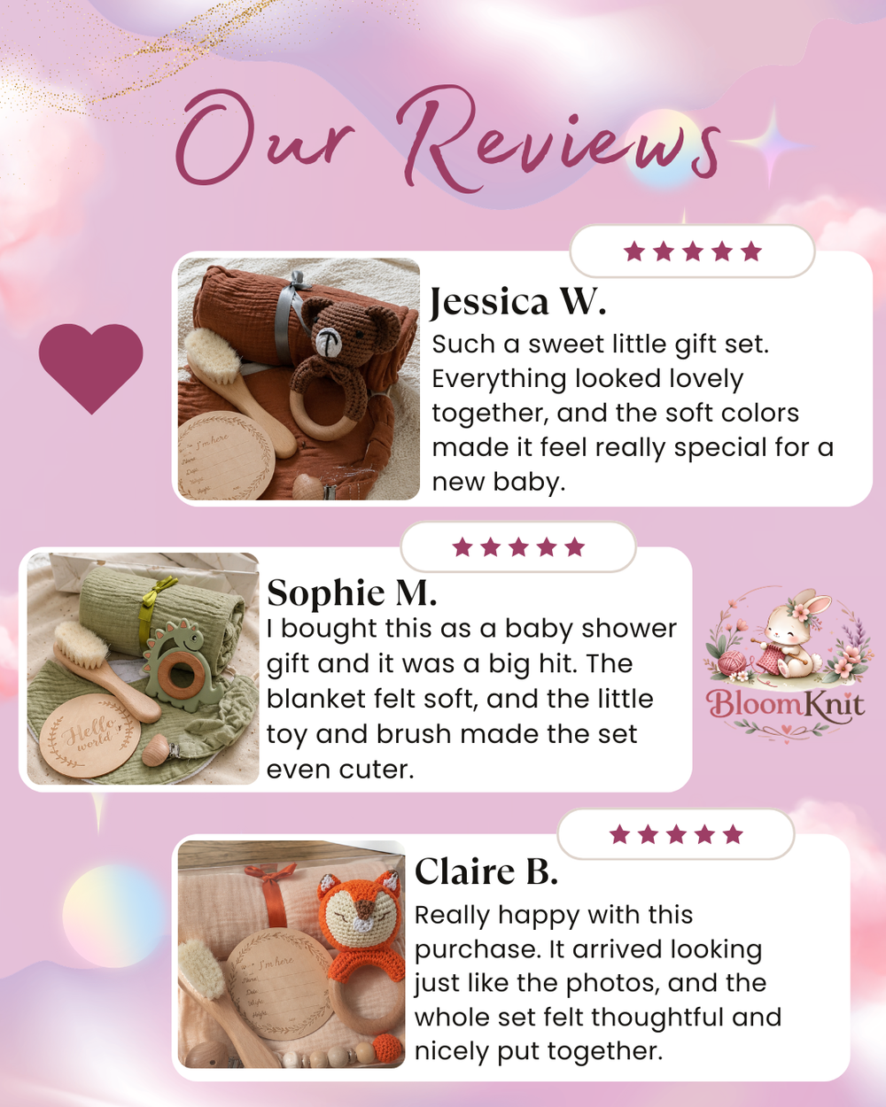 Newborn Baby Gift Box, Crochet Animal Rattle, Muslin Blanket, Pacifier Clip and Brush