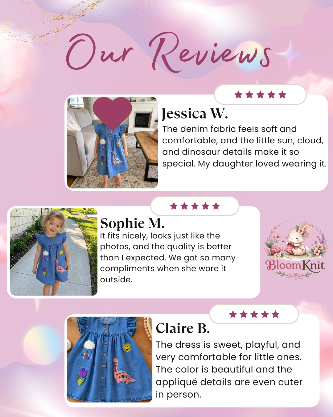 Girls Denim Dress with Ruffle Sleeves, Dinosaur and Weather Appliqué