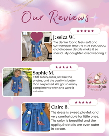 Girls Denim Dress with Ruffle Sleeves, Dinosaur and Weather Appliqué