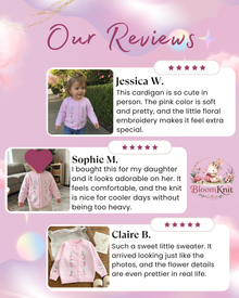 Pink Floral Embroidered Girls Cardigan, Lightweight Cotton Knit Toddler Sweater Gift
