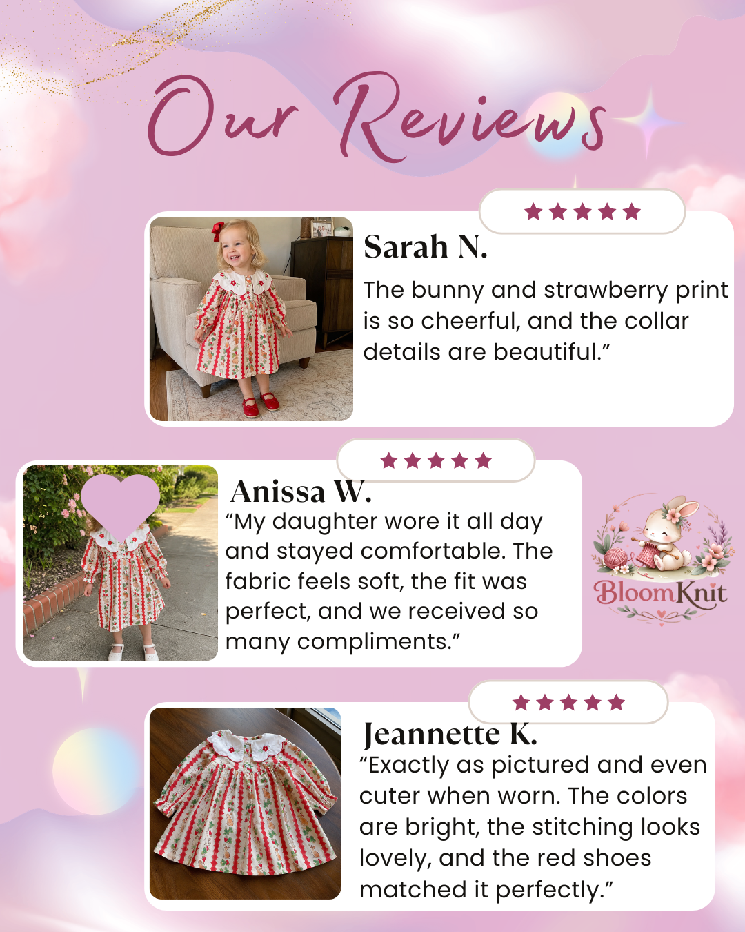 Girls Bunny & Strawberry Print Dress with Embroidered Scalloped Collar