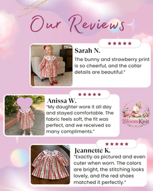 Girls Bunny & Strawberry Print Dress with Embroidered Scalloped Collar