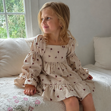Girls Beige Floral Ruffle Dress, Long Puff Sleeve Fall and Back to School Outfit