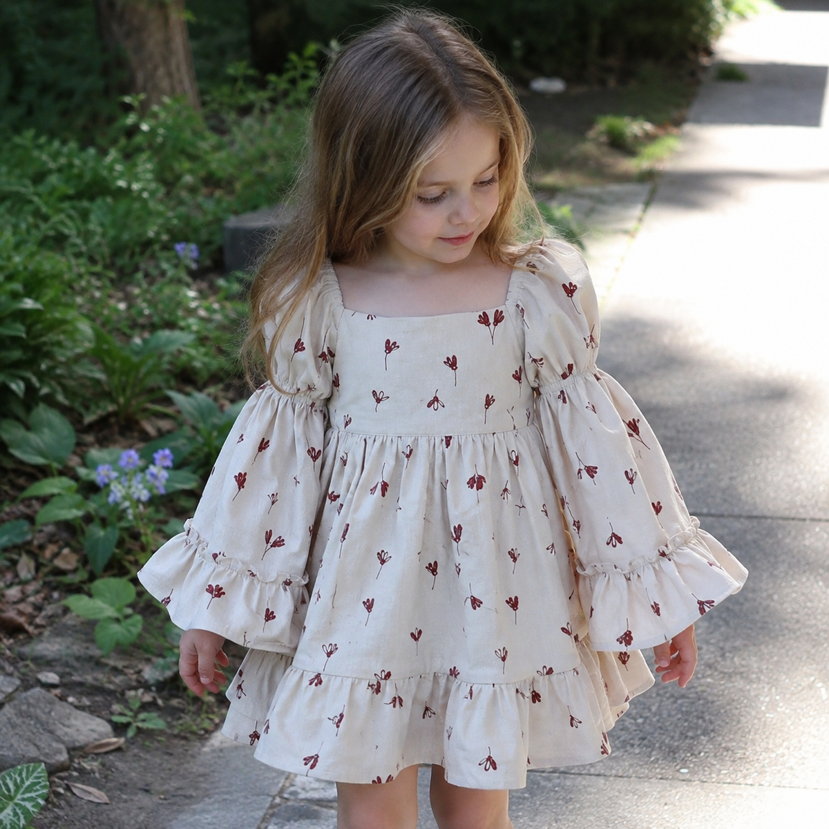Girls Beige Floral Ruffle Dress, Long Puff Sleeve Fall and Back to School Outfit