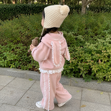 Girls Pink Bunny Ear Hoodie and Lace Ruffle Pants Set, 2-Piece Ribbed Outfit