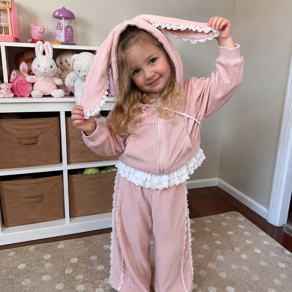 Girls Pink Bunny Ear Hoodie and Lace Ruffle Pants Set, 2-Piece Ribbed Outfit