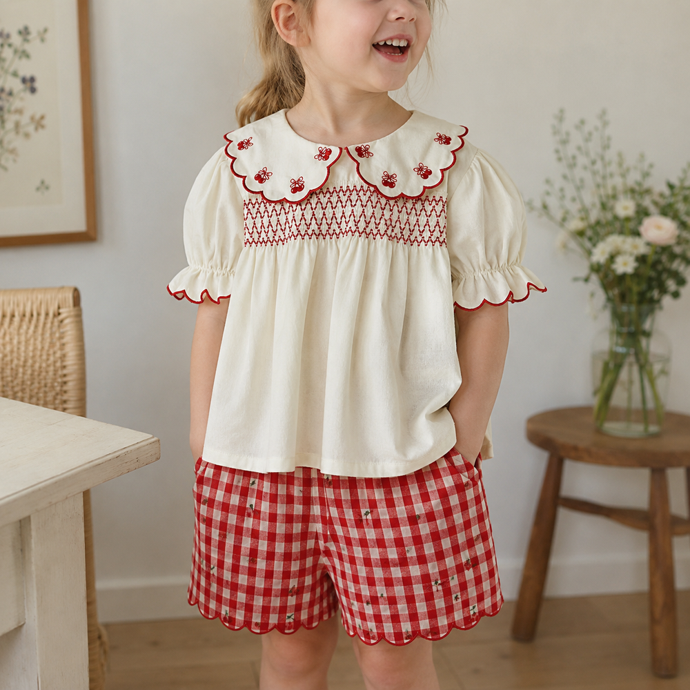 Girls Ivory Embroidered Top, Pants or Plaid Shorts, Cotton Separates