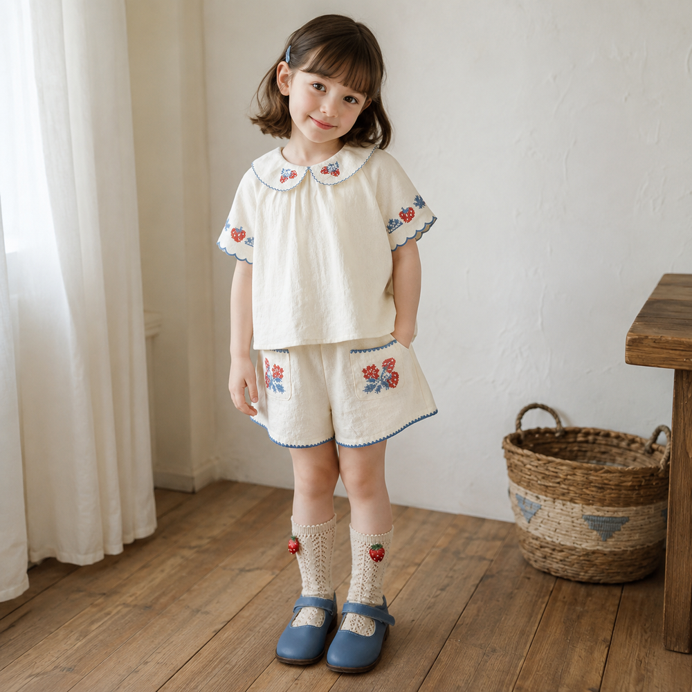 Girls Strawberry Cotton Dress or Shorts Set, Ivory Embroidered Outfit