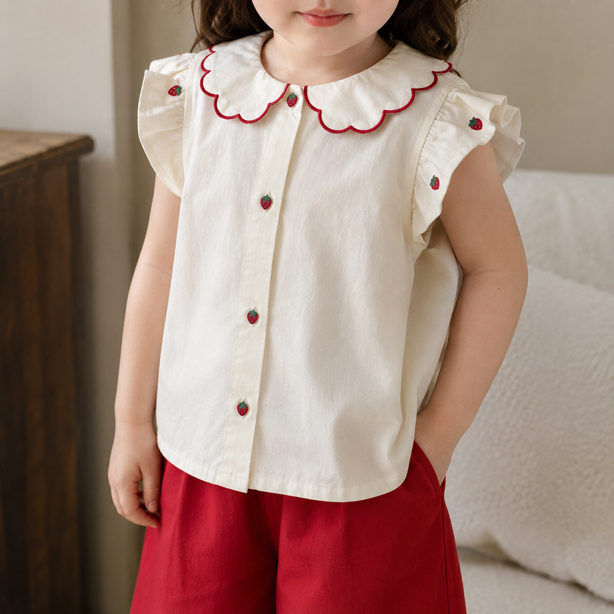 Girls Strawberry Cotton Top, Shorts or Pants, Red Ivory Separates