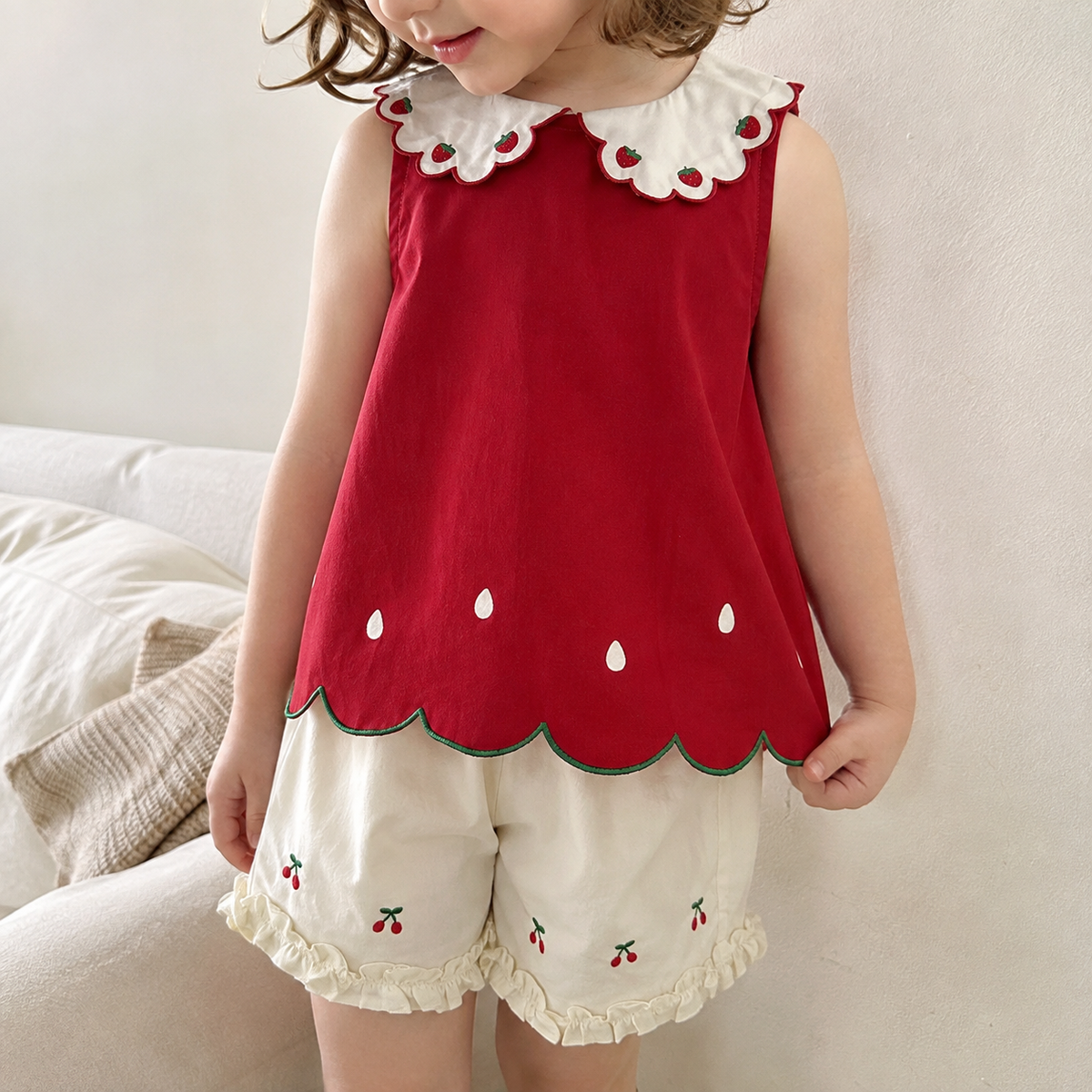 Girls Strawberry Cotton Top, Shorts or Pants, Red Ivory Separates