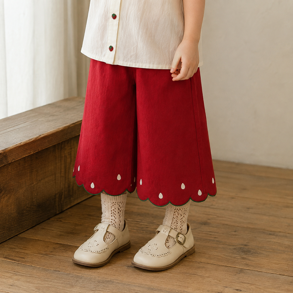 Girls Strawberry Cotton Top, Shorts or Pants, Red Ivory Separates