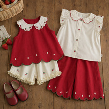 Girls Strawberry Cotton Top, Shorts or Pants, Red Ivory Separates