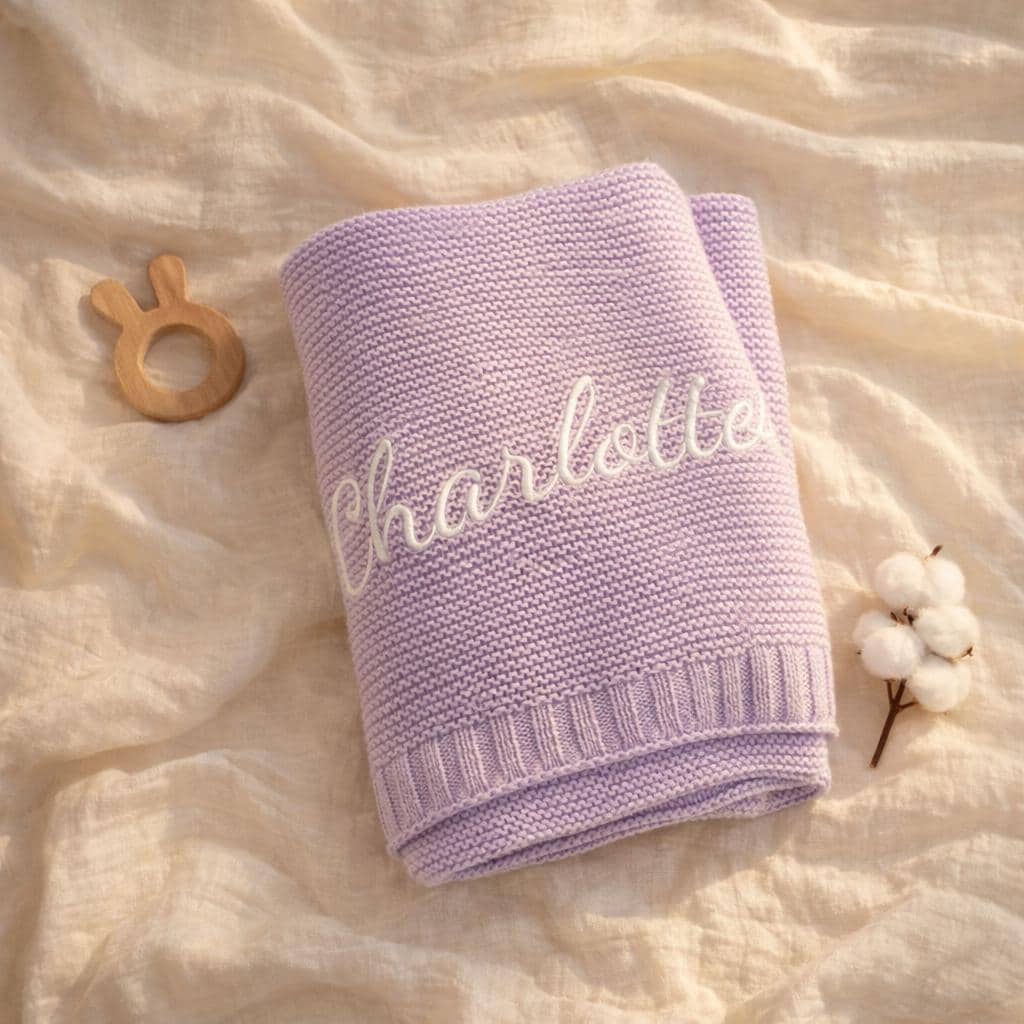 Custom Embroidered Cotton Knit Baby Blanket, Soft Stroller Blanket, Newborn Keepsake