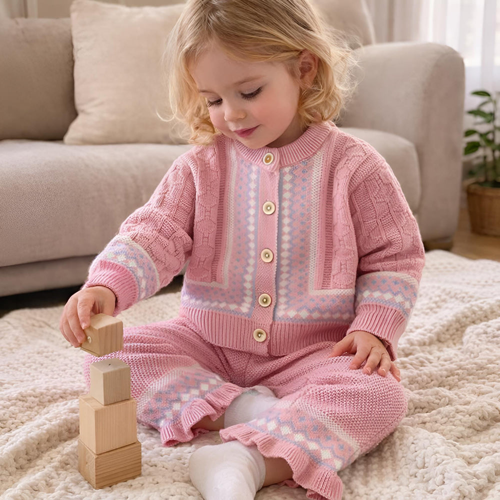 Toddler Girls Retro Jacquard Knit Sweater Set, Cozy Fall Outfit Ages 2-6