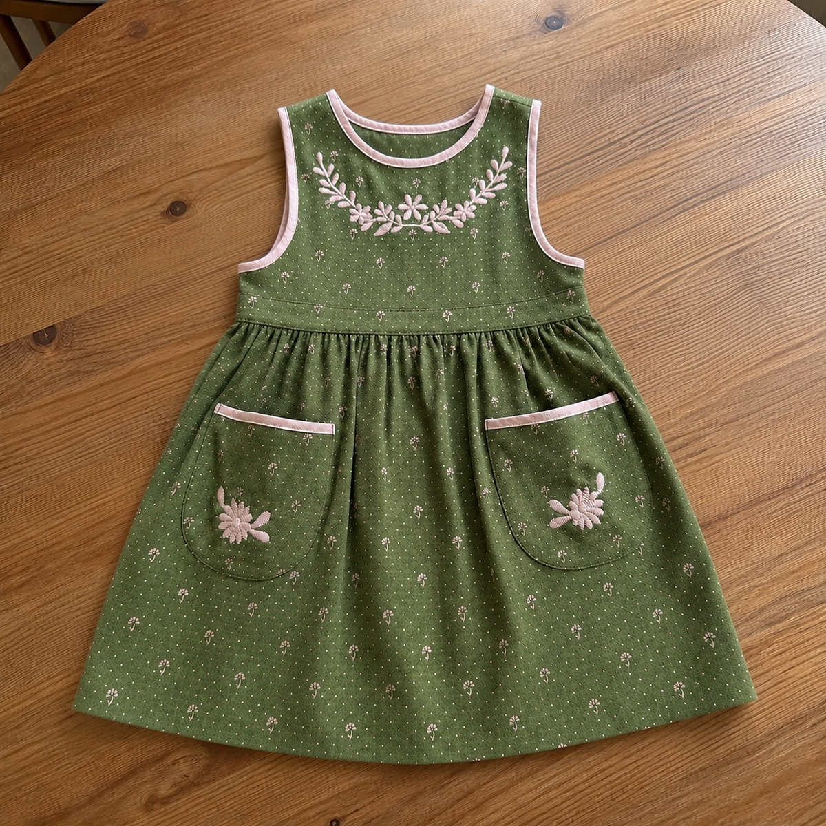 Girls Olive Cotton Dress, Floral Embroidered Pinafore or Long Sleeve Style