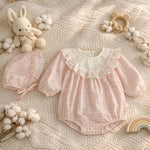 Load image into Gallery viewer, Baby Girl Cotton Romper Bonnet Set, Checkered Floral Outfit, Baby Shower Gift