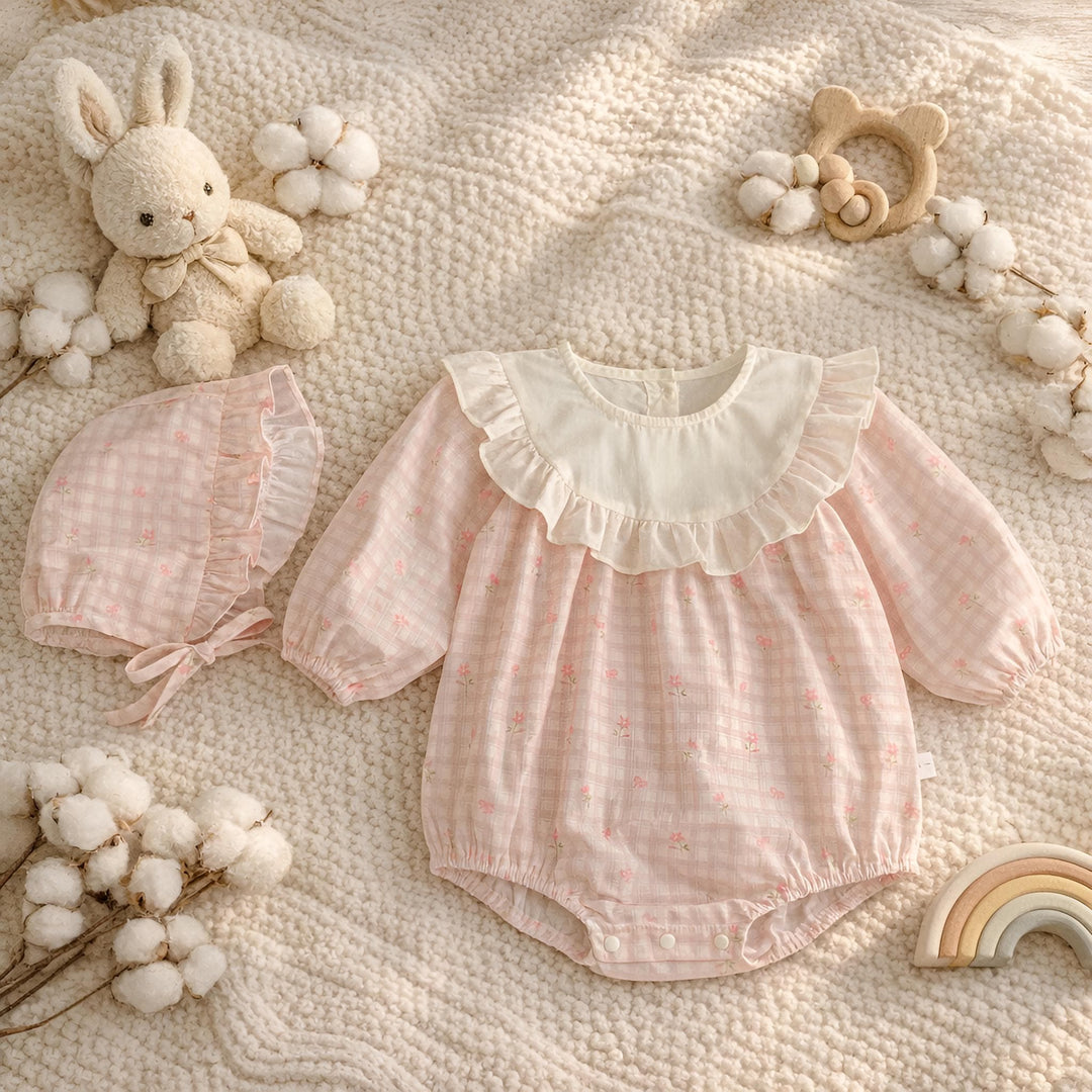 Baby Girl Cotton Romper Bonnet Set, Checkered Floral Outfit, Baby Shower Gift