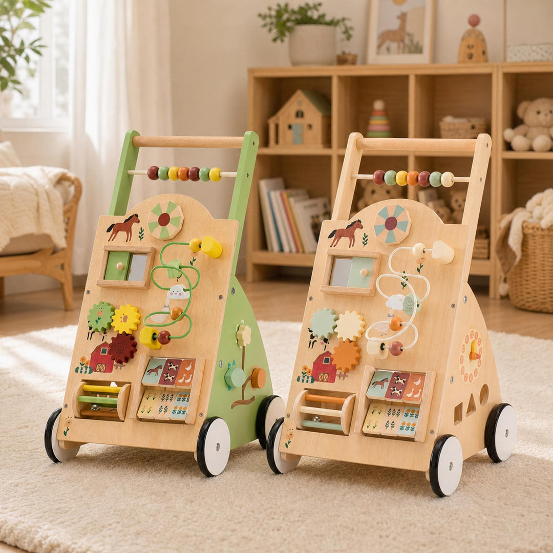 Wooden Baby Walker with Activity Center, Montessori Push Toy for Toddlers, First Birthday Gift