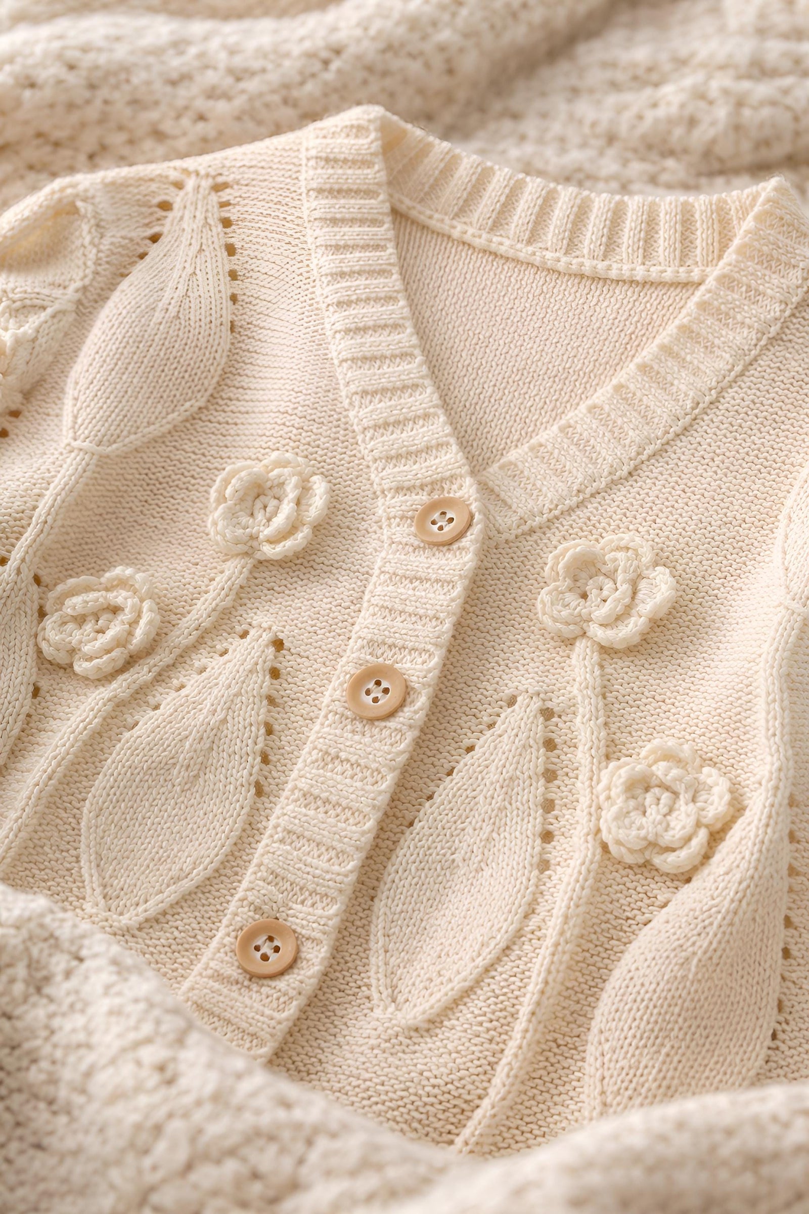 Baby Girl Cotton Cardigan, Floral Embroidered Knit Sweater, Wooden Buttons, Infant Toddler Outfit