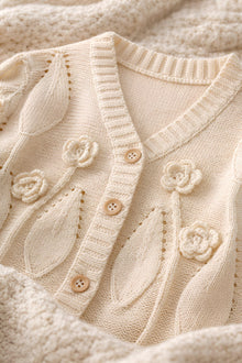 Baby Girl Cotton Cardigan, Floral Embroidered Knit Sweater, Wooden Buttons, Infant Toddler Outfit