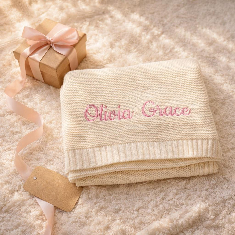 Personalized Embroidered Cotton Knit Baby Blanket, Custom Name Keepsake