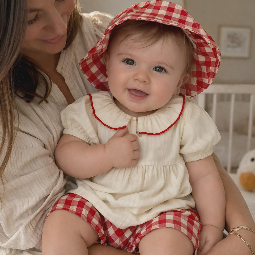 Baby Girl Outfit: Red Checkered Pants, Ruffle Top, Soft Cotton Summer Clothes