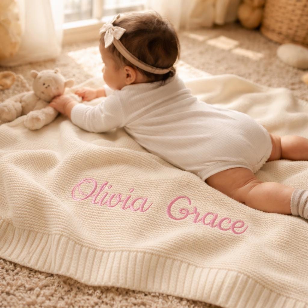Personalized Embroidered Cotton Knit Baby Blanket, Custom Name Keepsake