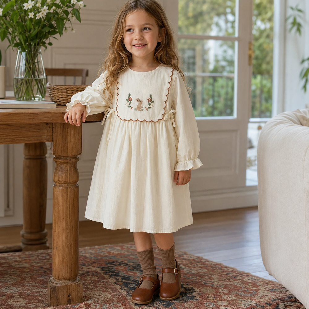 Girls Ivory Embroidered Cotton Dress, Long Sleeve Fall Toddler Outfit