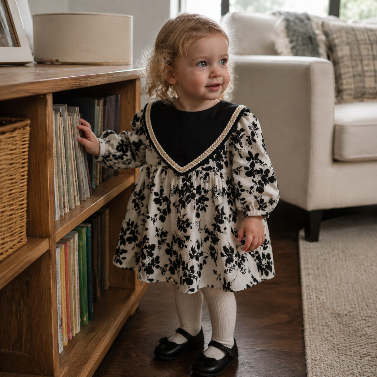 Toddler wearing the black floral sailor collar dress with cream tights
